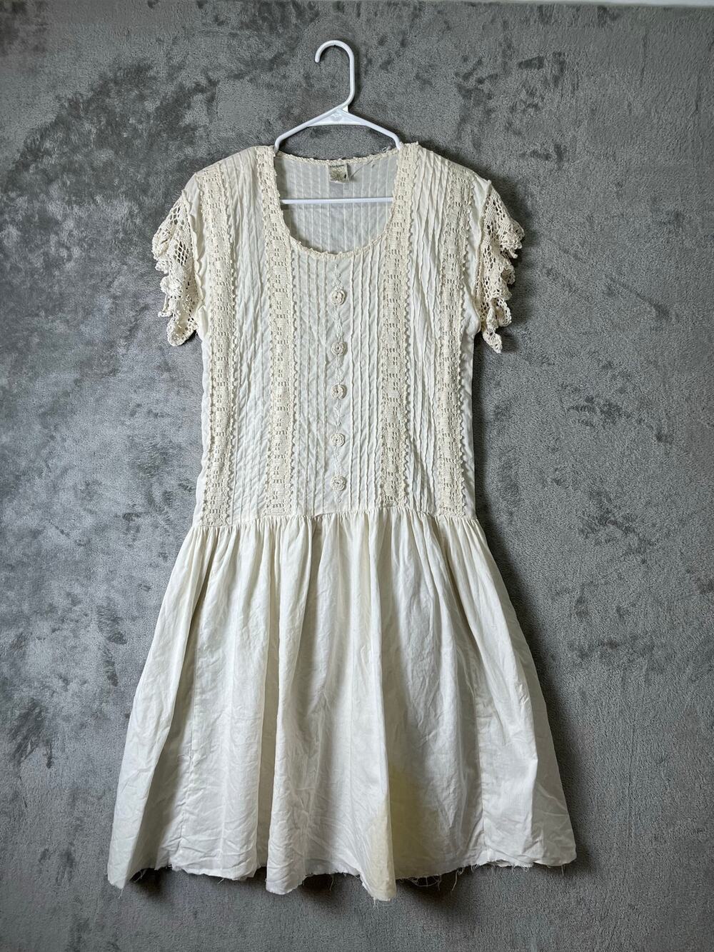 Vintage Cottagecore Lace Trim Drop Waist Dress Cream Romantic Prairie Medium